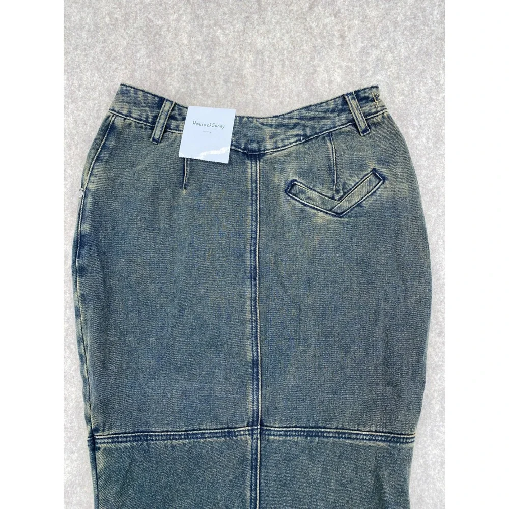 House of Sunny Courtyard Tulip Skirt Clay Grey Denim Mermaid Maxi Size 4 NEW